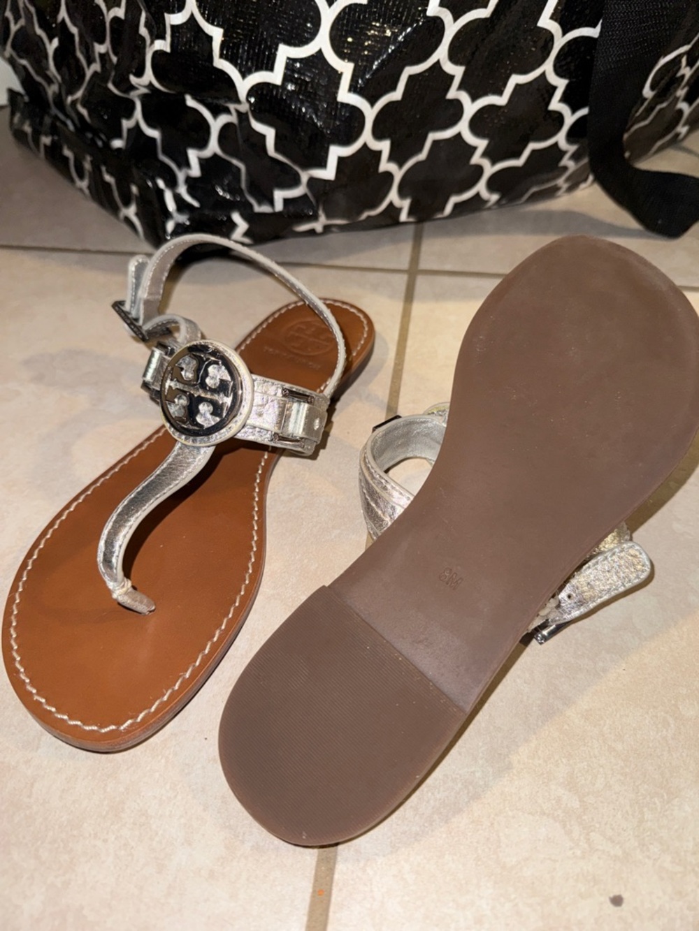 Tory Burch Silver Metallic Logo Thong Sandals with Brown Footbed